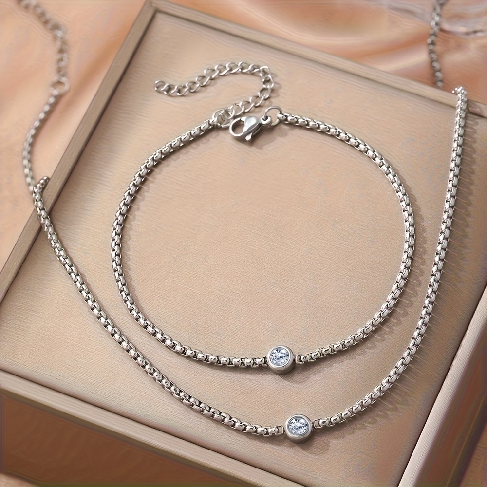 2pcs 316 Stainless Steel Square Necklace and Bracelet Set with Pendant Chain